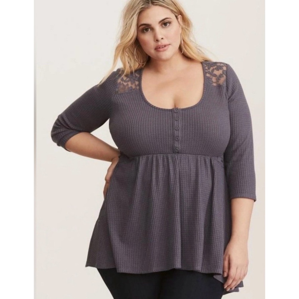 Torrid Charcoal Gray Waffle Knit Lace Back Henley Babydoll Tunic Top Size 3 3X